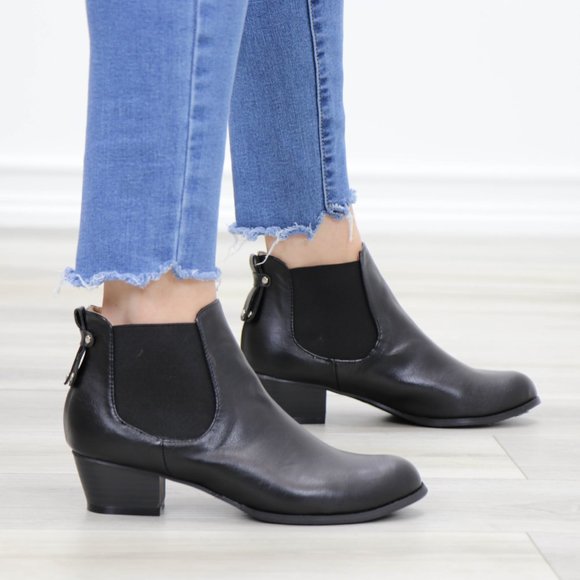 Shoes - Black Faux Leather Low Cut Ankle Chelsea Boots